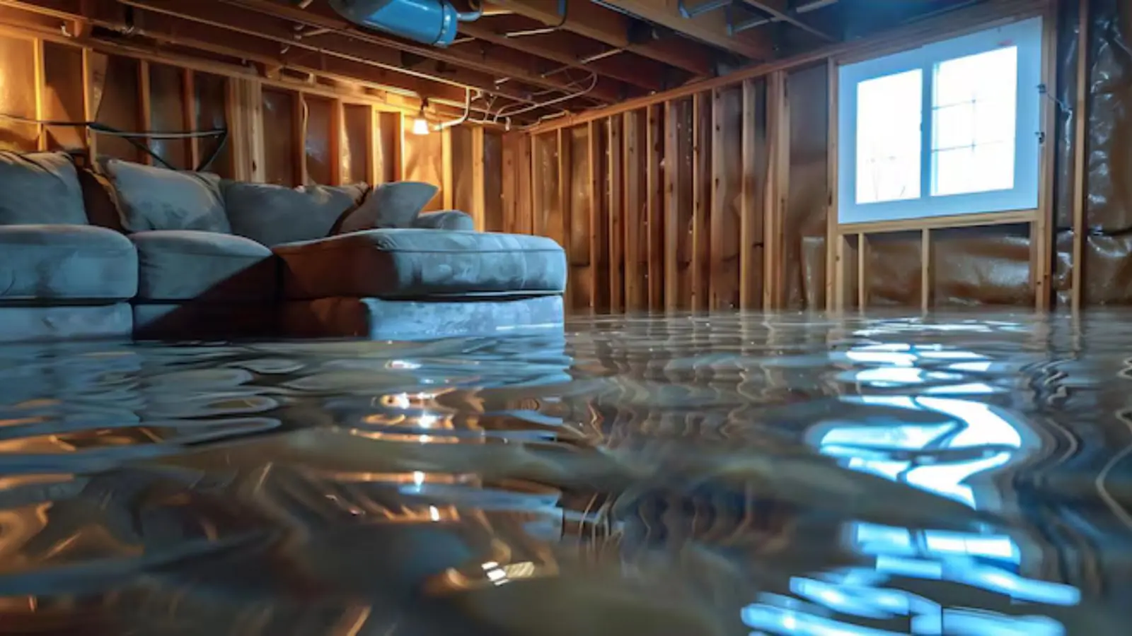 Flooded basement with exposed wall studs and standing water over a sofa