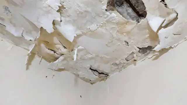 Peeling paint and a water-damaged ceiling corner