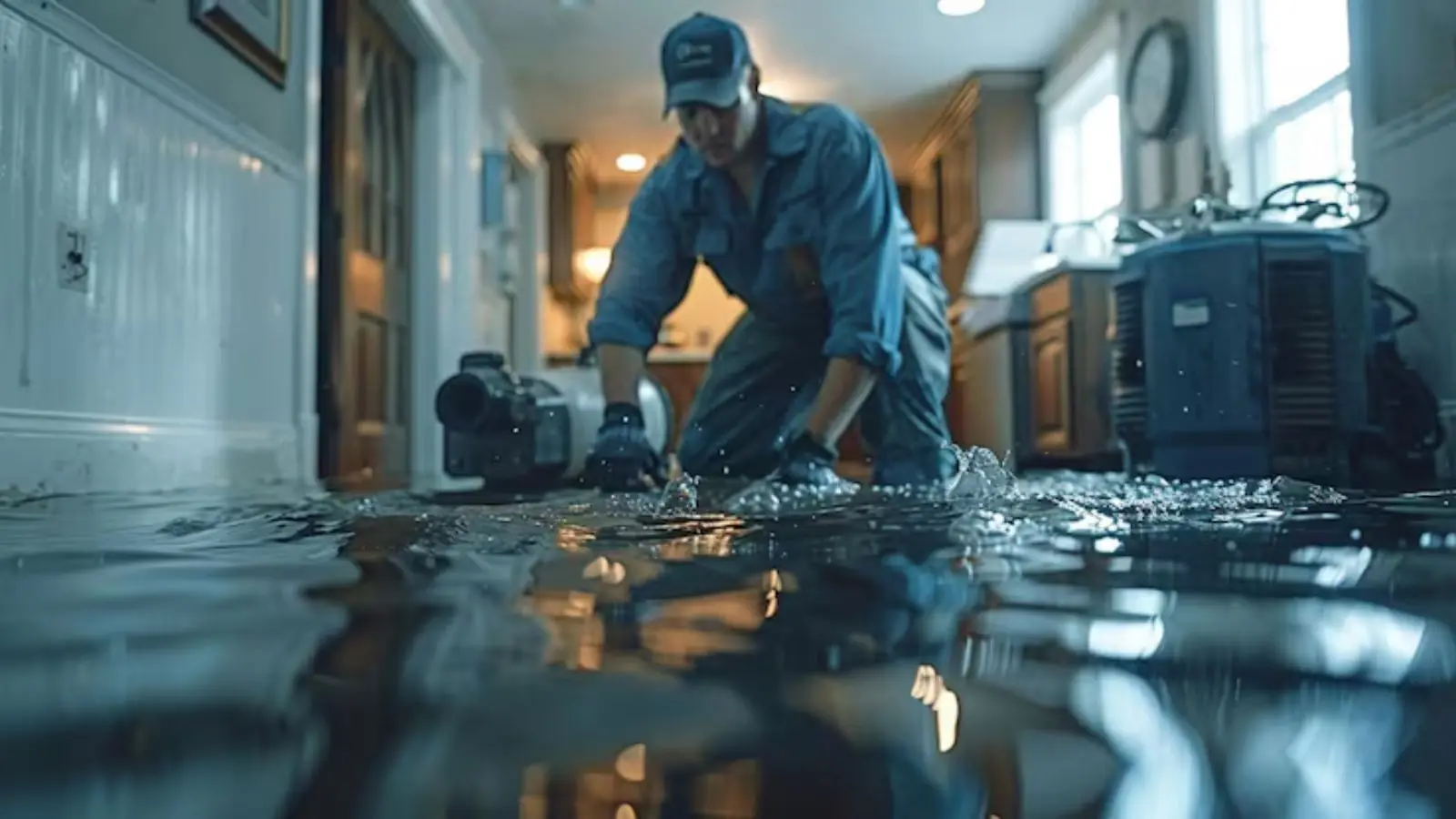 Technician with pump equipment working in a flooded room